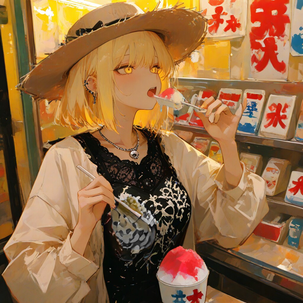 駄菓子屋でかき氷を食べるカート・コバーン好きの女