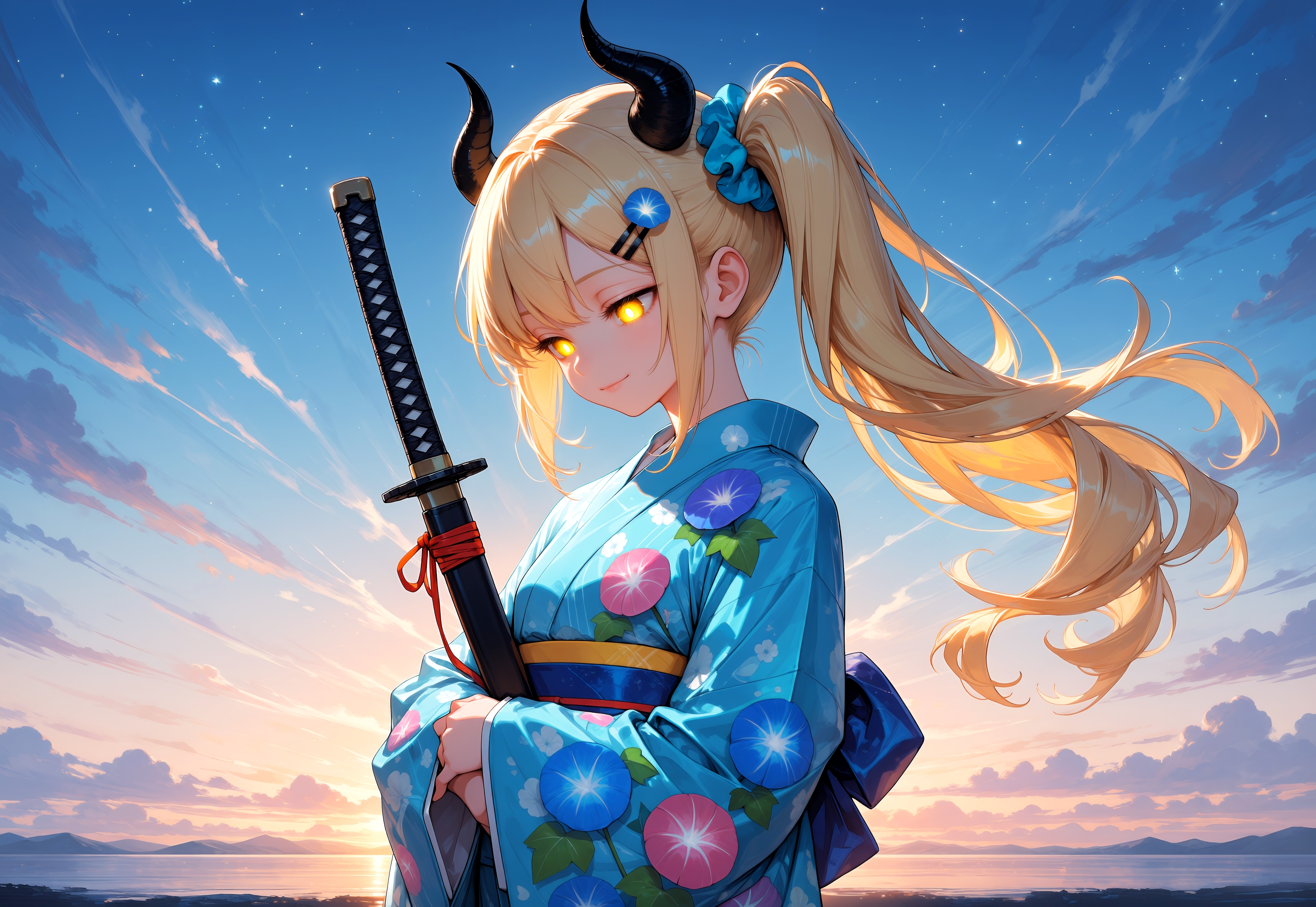 朝焼けと朝顔着物女鬼高生さん | の人気AIイラスト・グラビア