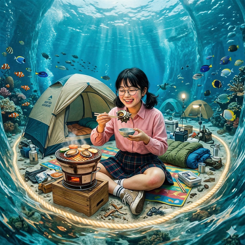 海底でキャンプするのびかちゃん