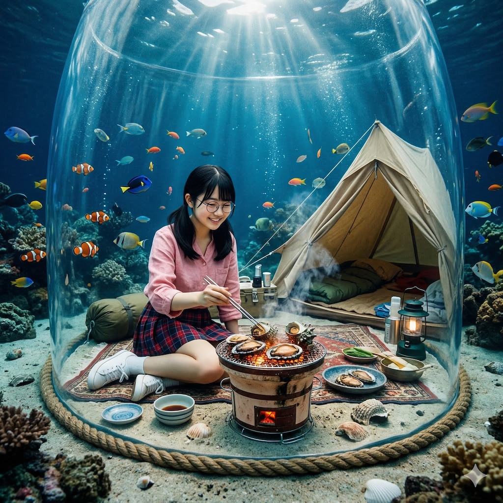 海底でキャンプするのびかちゃん