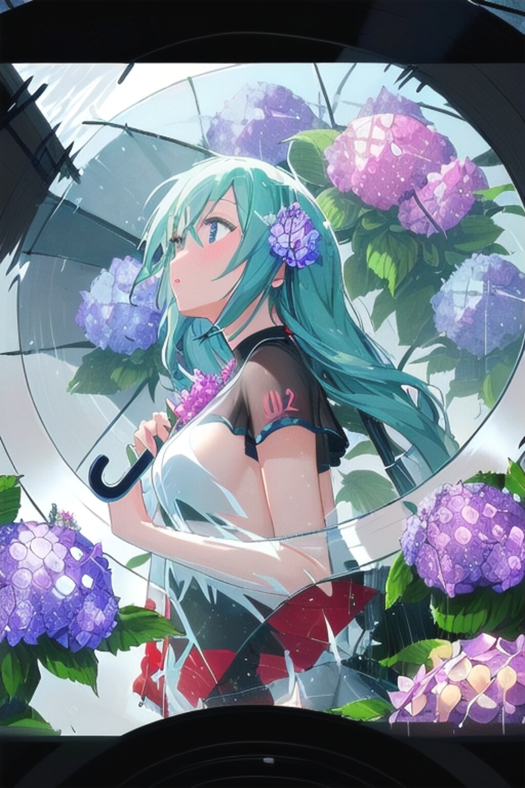 傘に映るアジサイ