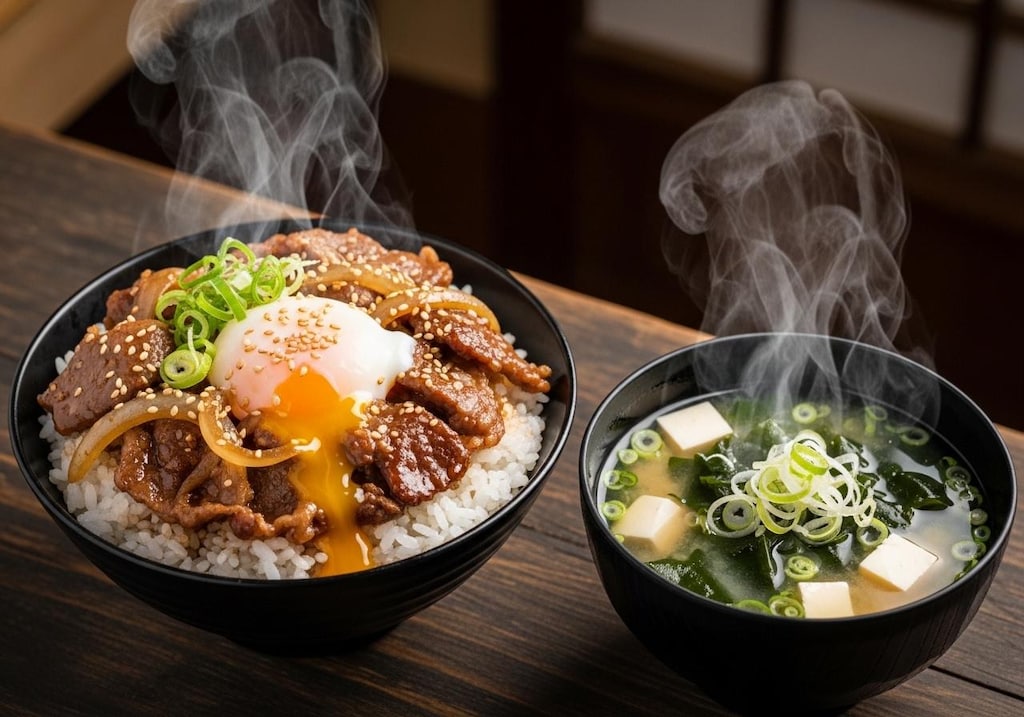 摩訶不思議食堂の卵乗せ牛丼と味噌汁のセット