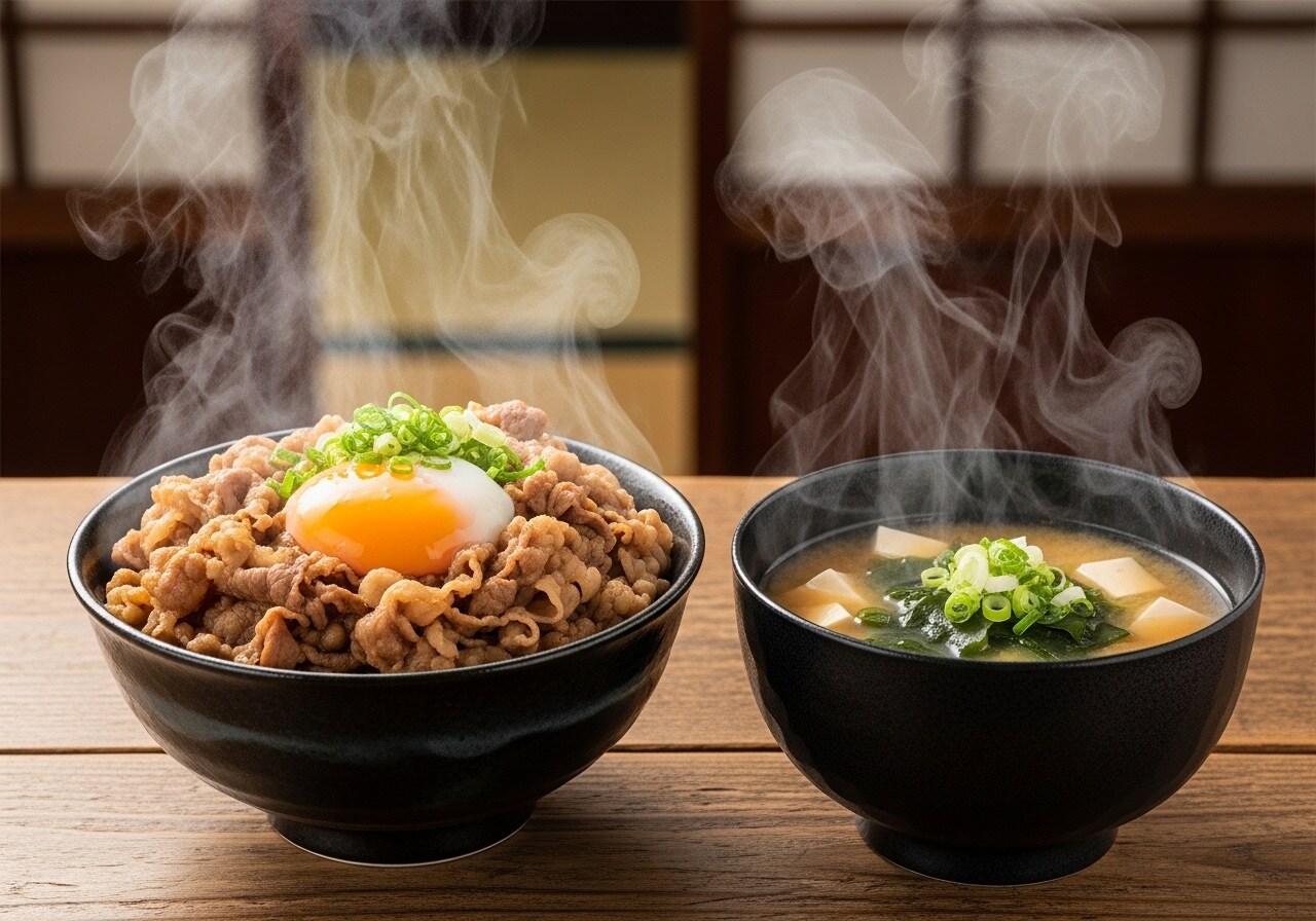 摩訶不思議食堂の卵乗せ牛丼と味噌汁のセット | の人気AIイラスト・グラビア
