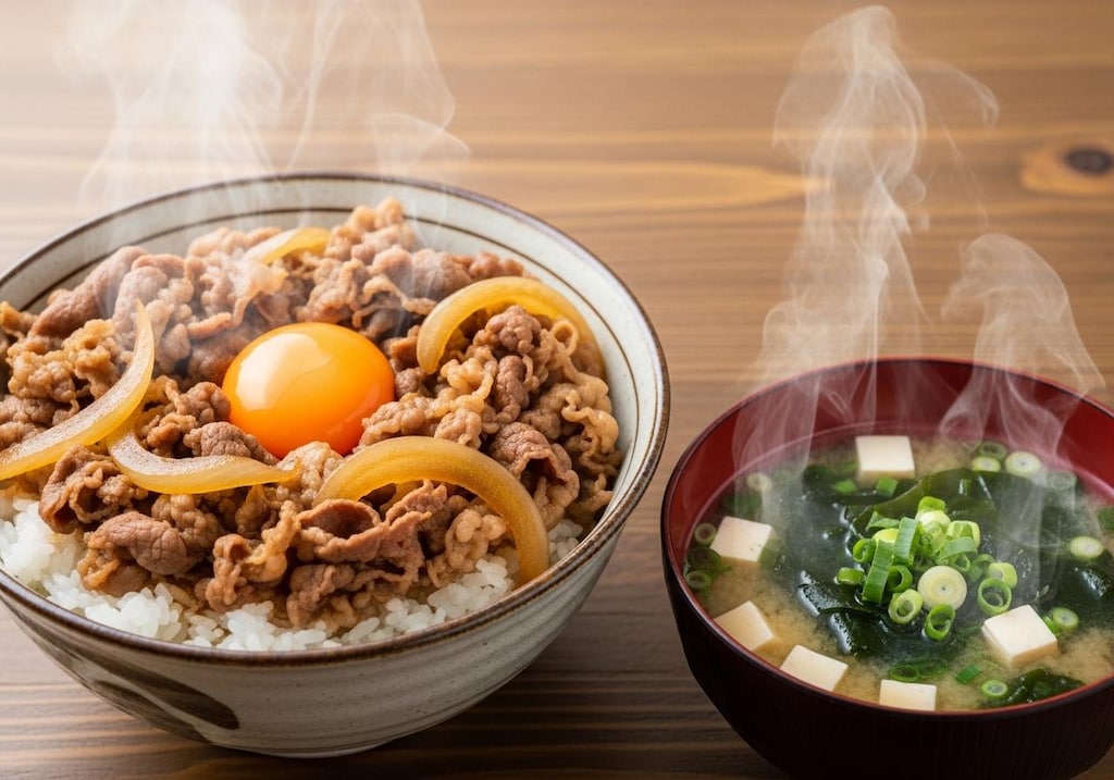 摩訶不思議食堂の卵乗せ牛丼と味噌汁のセット