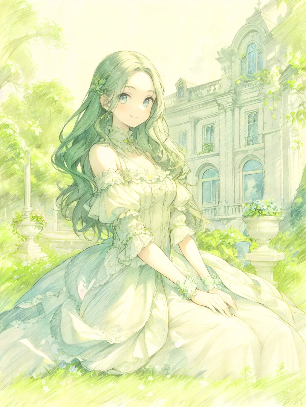 お嬢様の色鉛筆スケッチ