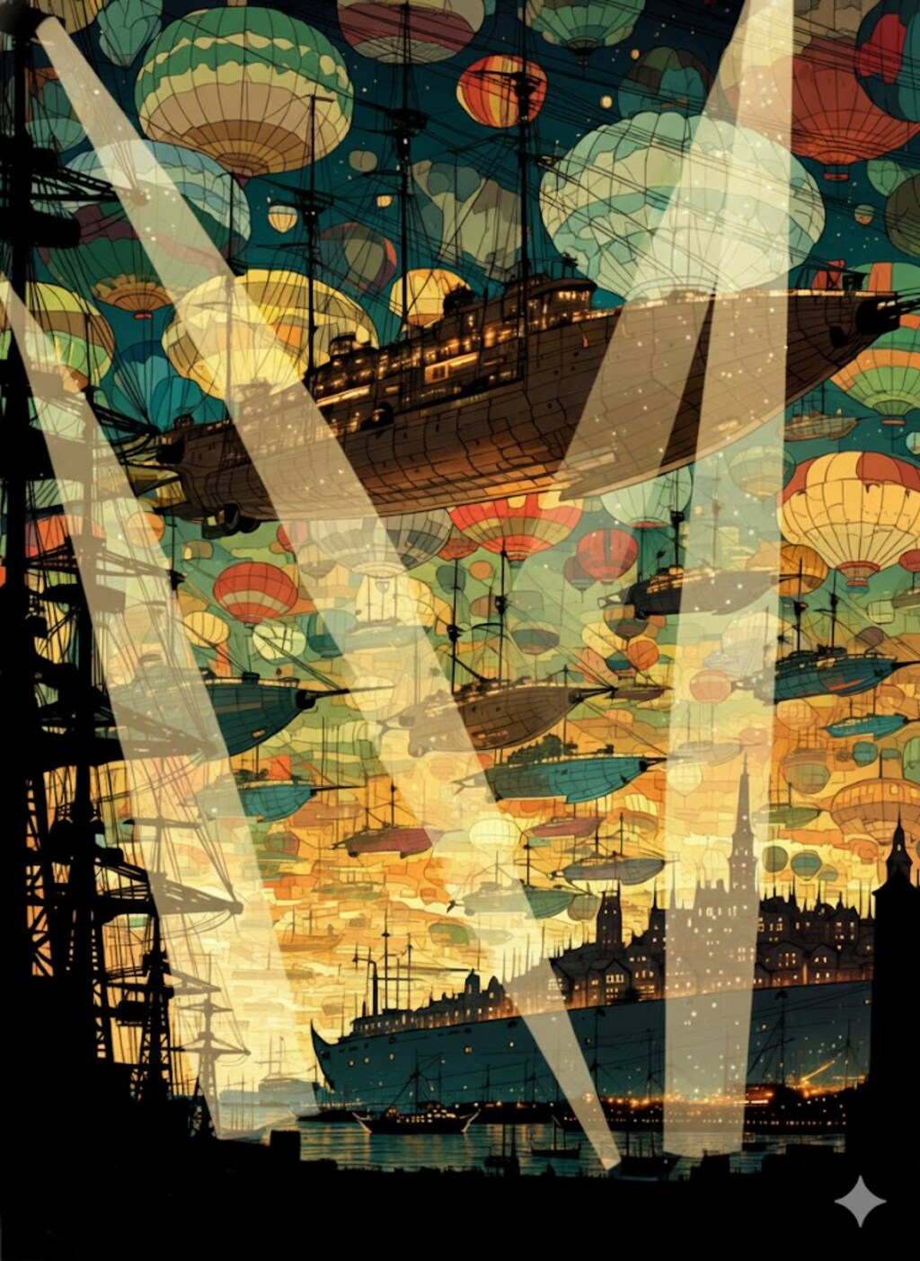 大船団の入港と、それを歓迎する気球の群れ