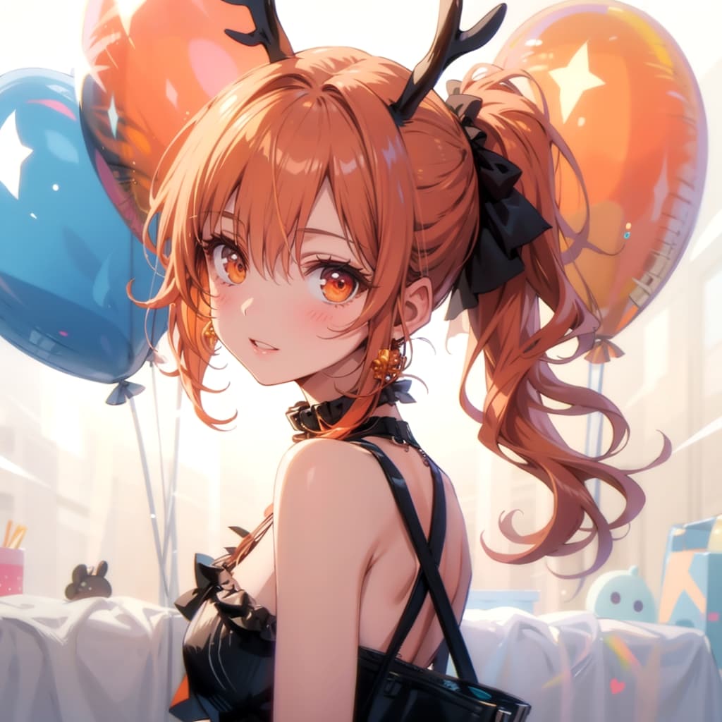 いっぱい風船を持つオレンジ髪ポニーテールのトナカイコスチューム着た美女。