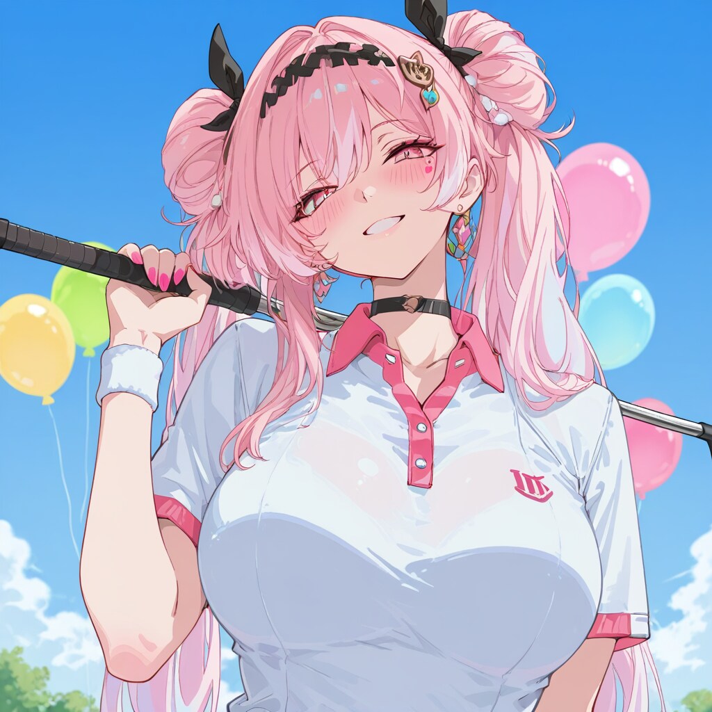 いっぱい色とりどりの風船を持つピンク髪ツインテールのゴルフウェア着た美女 | の人気AIイラスト・グラビア