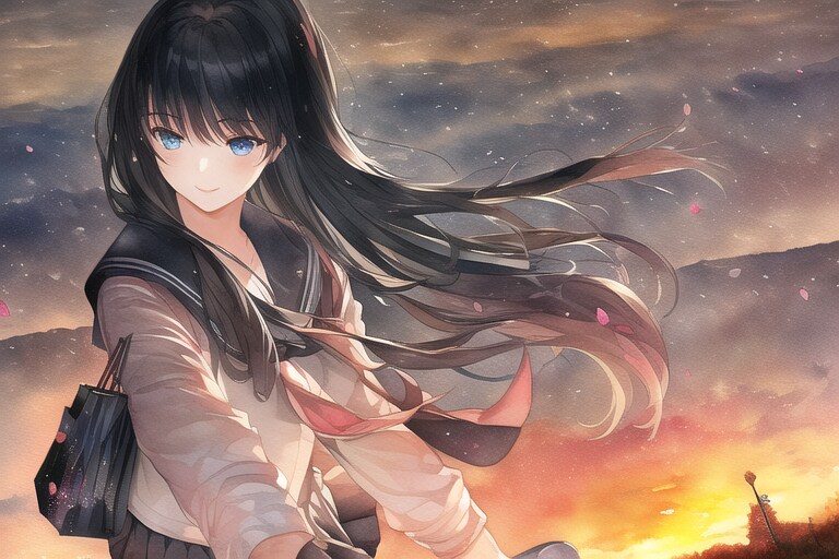 夕日の帰り道 (水彩画調)