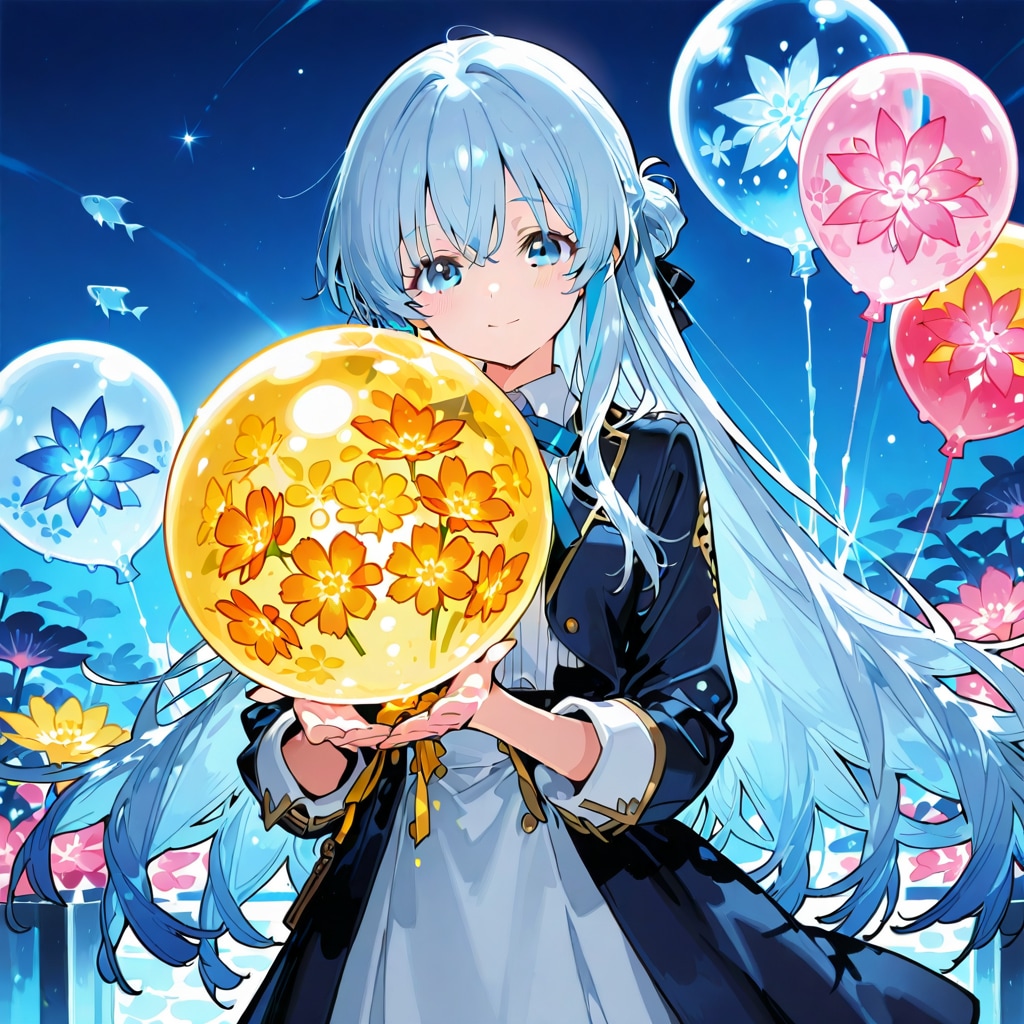 いっぱい風船を持つ水色髪ロングの水族館の美女職員さん