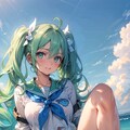 緑髪のついんてっ娘♪　海辺でぱんちら♡ 2枚目