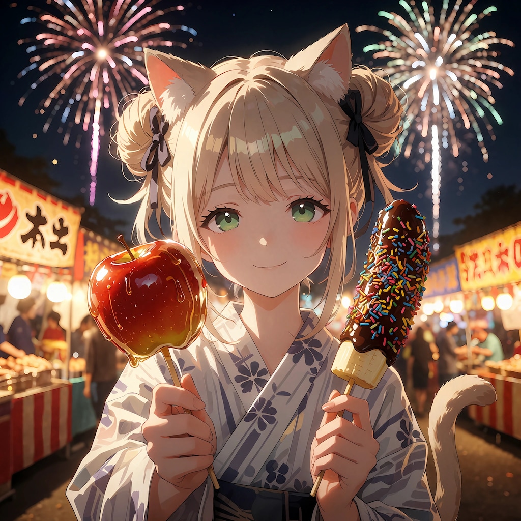 お祭りでりんご飴を差し出す猫耳の女の子