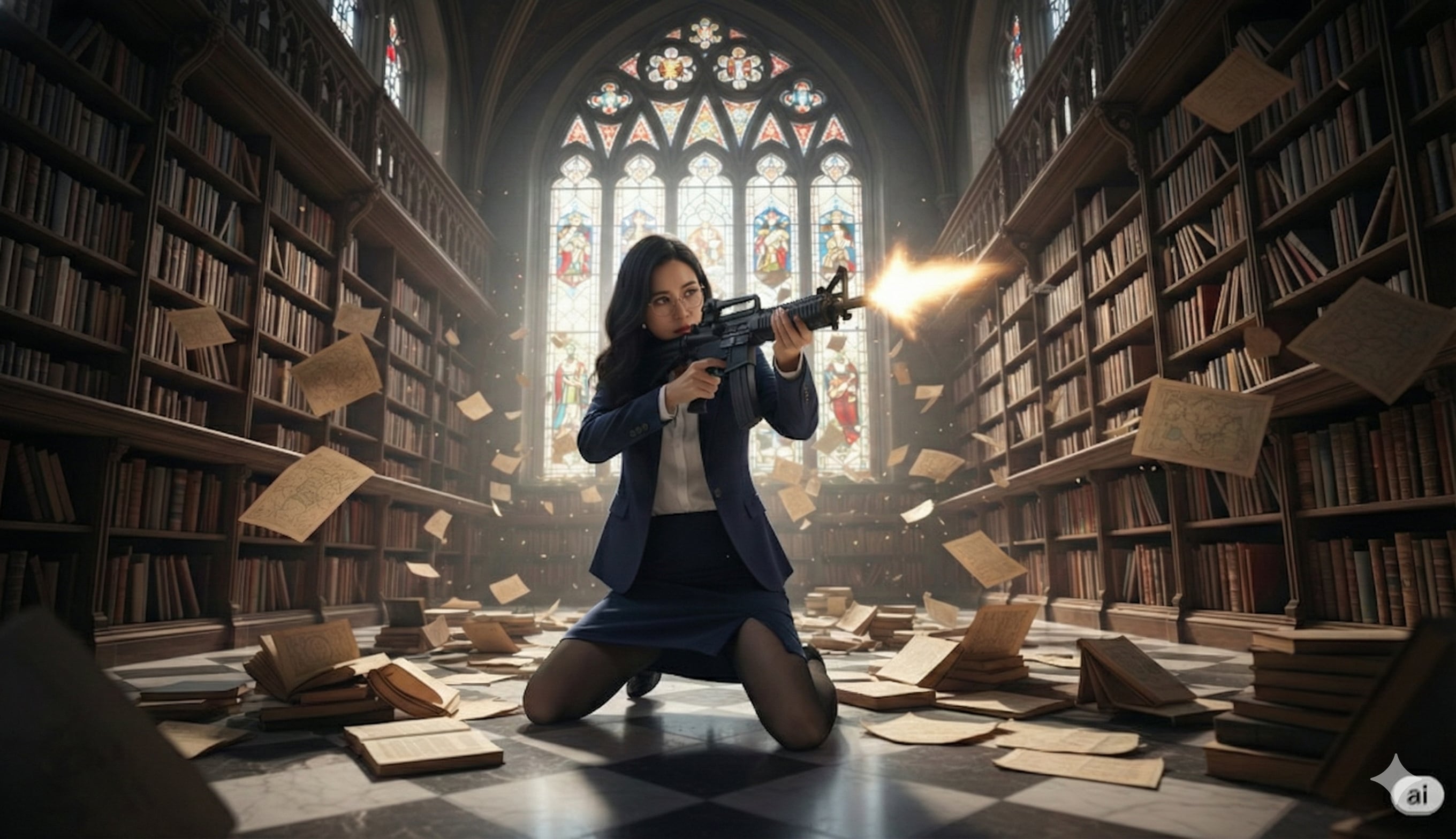 【白川秘書】図書館の激闘 | の人気AIイラスト・グラビア