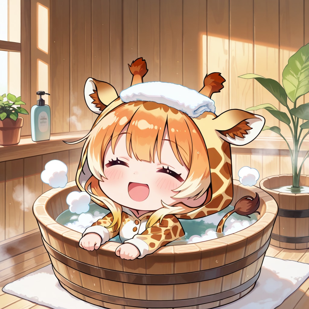 よい風呂の日にお風呂に入るキリン着ぐるみちび子ちゃん