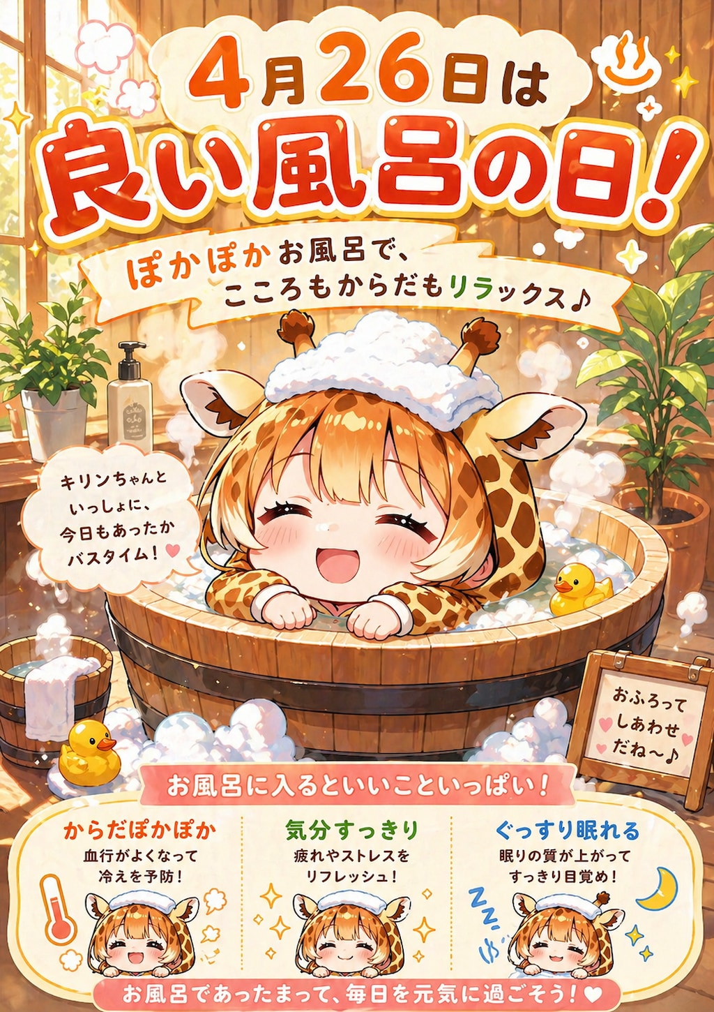 よい風呂の日にお風呂に入るキリン着ぐるみちび子ちゃん