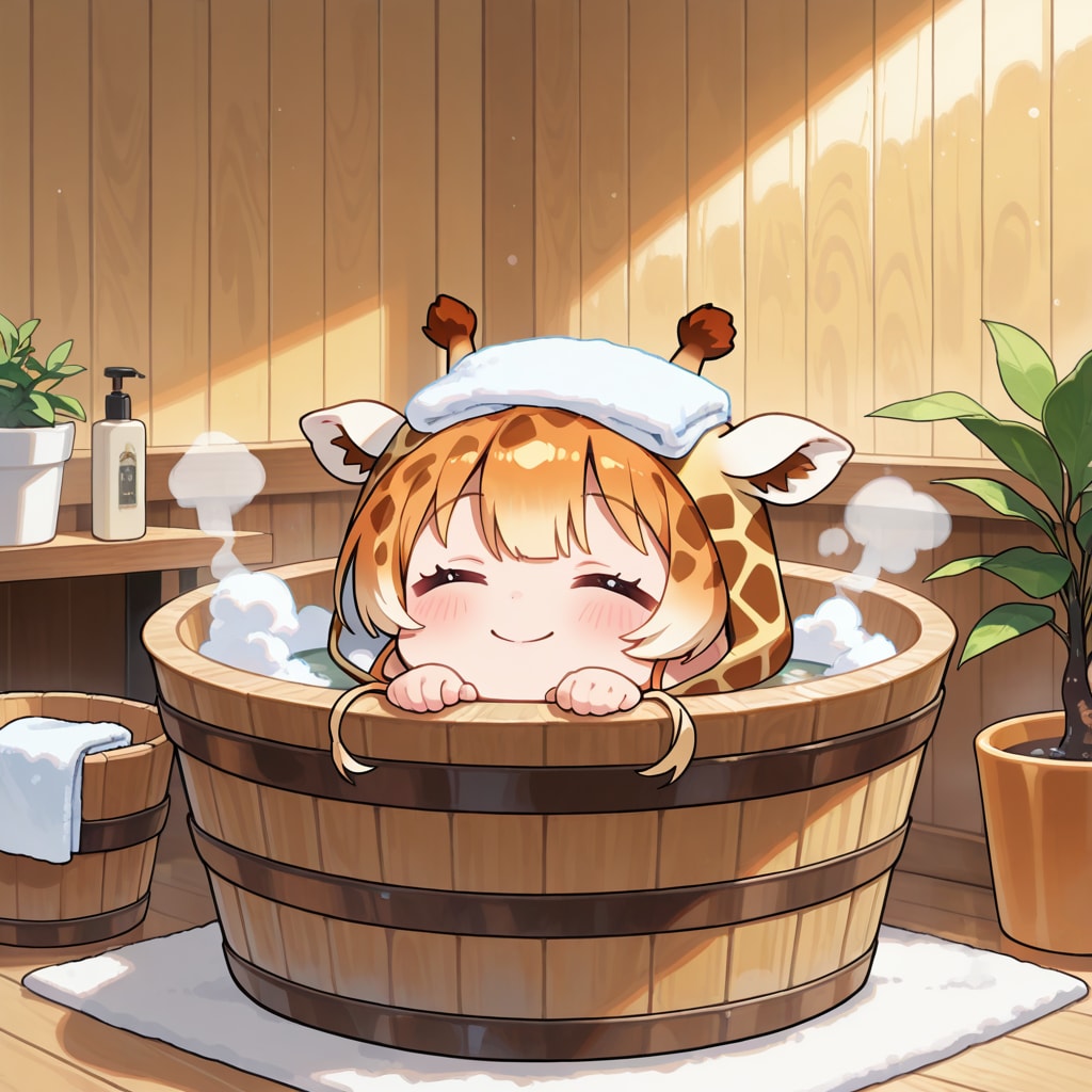 よい風呂の日にお風呂に入るキリン着ぐるみちび子ちゃん