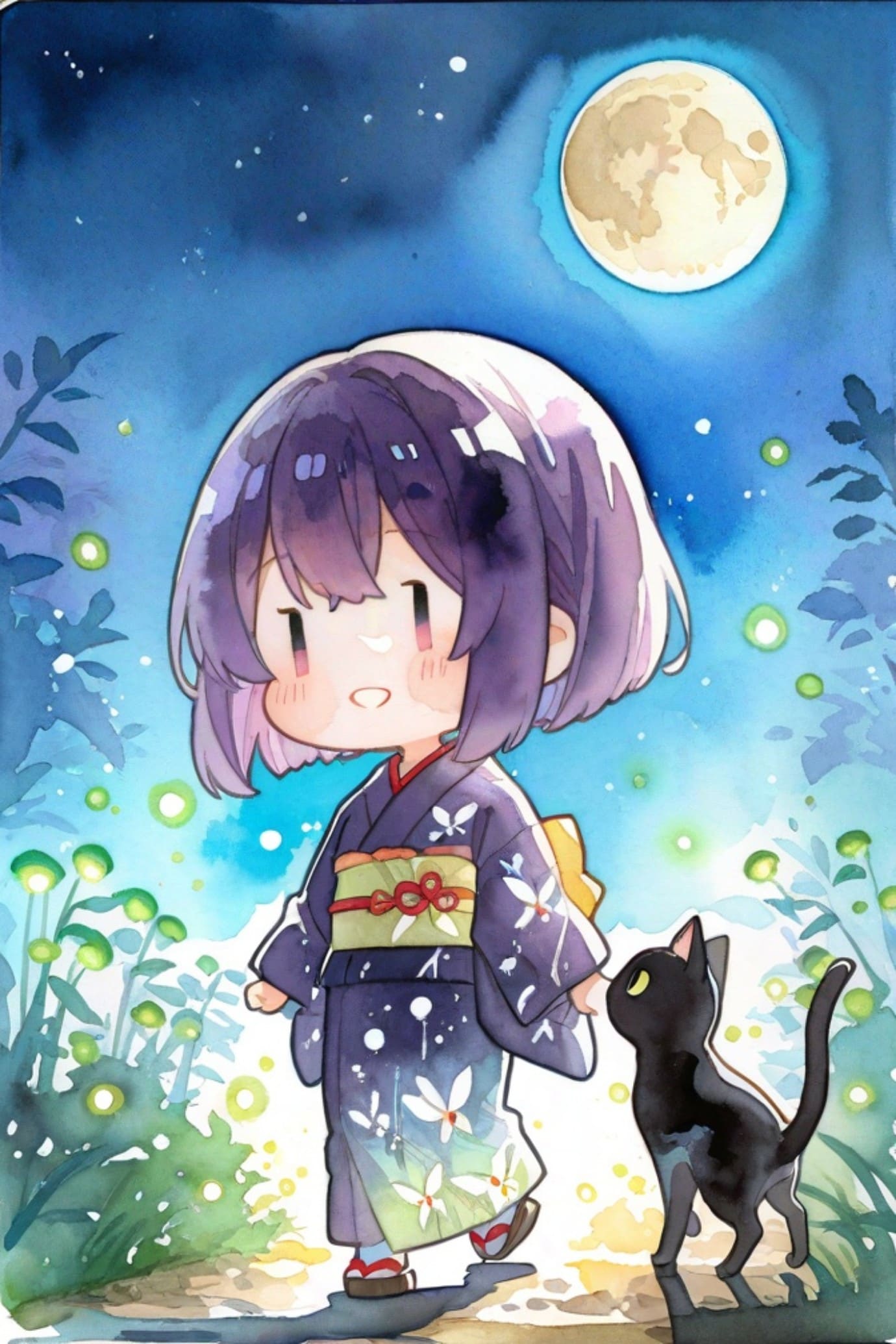 蛍と月と猫と紫髪ちゃん
