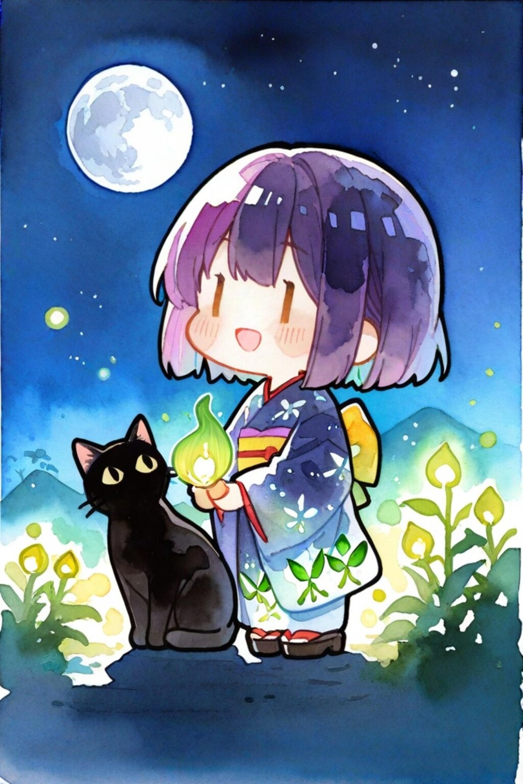蛍と月と猫と紫髪ちゃん
