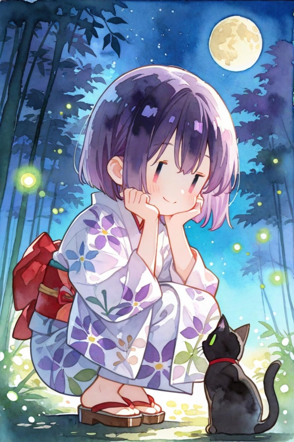 蛍と月と猫と紫髪ちゃん