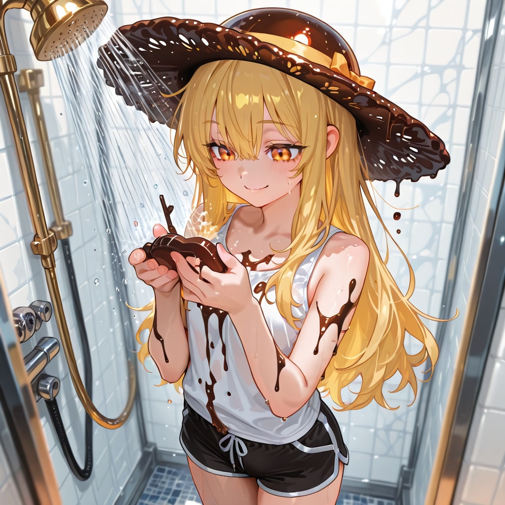 バレンタインに間に合わなかったのでチョコの帽子を被りシャワーを浴びてチョコが溶けるのを浴びるようになってしまった少女 | の人気AIイラスト・グラビア