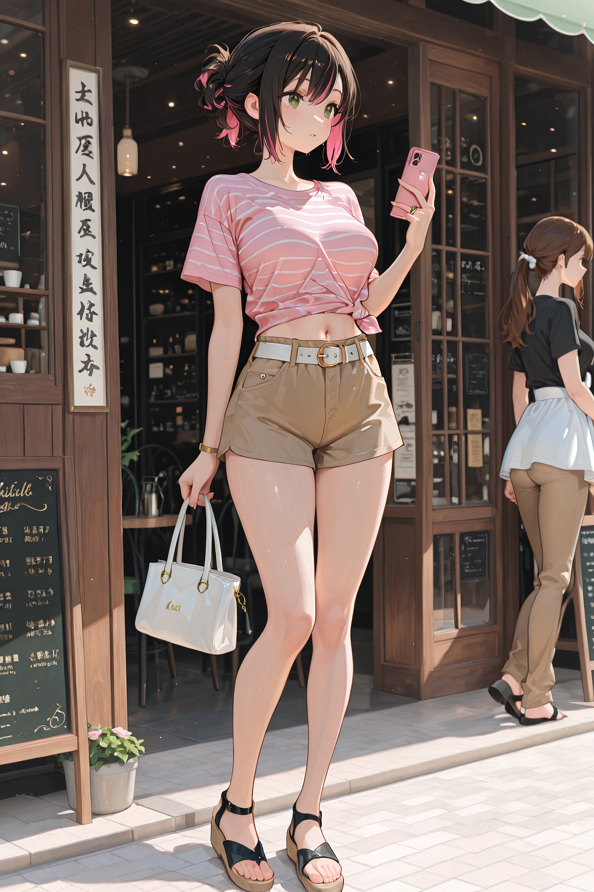 夏コーデ ライムグリーンｘ白・ピンクｘライトブラウン