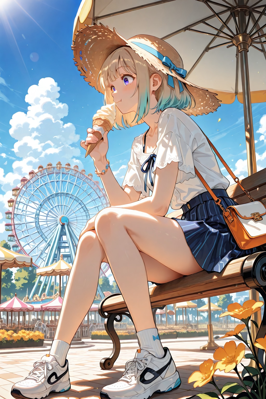 遊園地のベンチでソフトクリームを食べる女の子