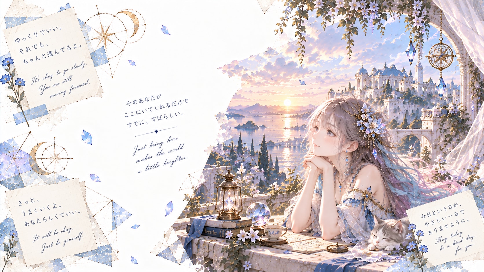 Dreaming on the Seaside Balcony — A Gentle Evening Promise  It is okay to go slowly. Even in small s | の人気AIイラスト・グラビア