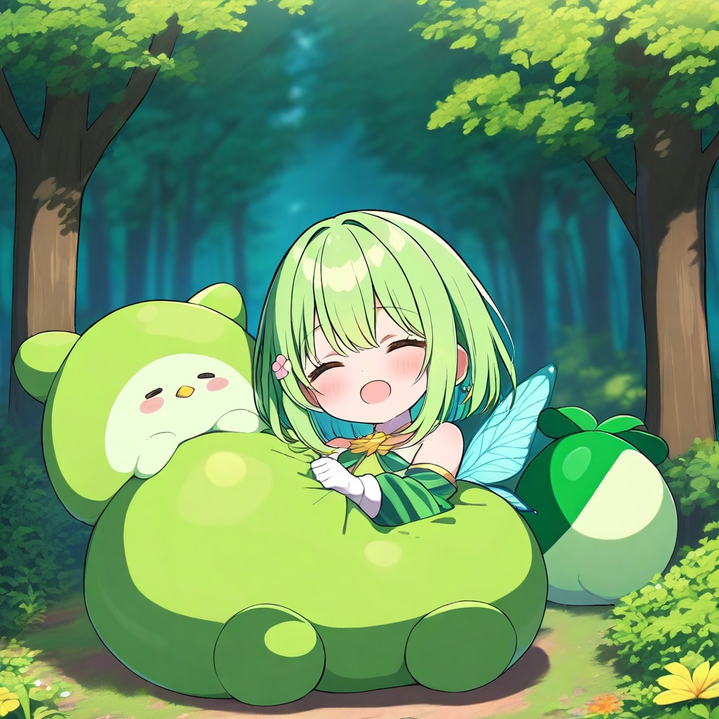 森の中で緑色のぬいぐるみを持つ緑髪の妖精さん
