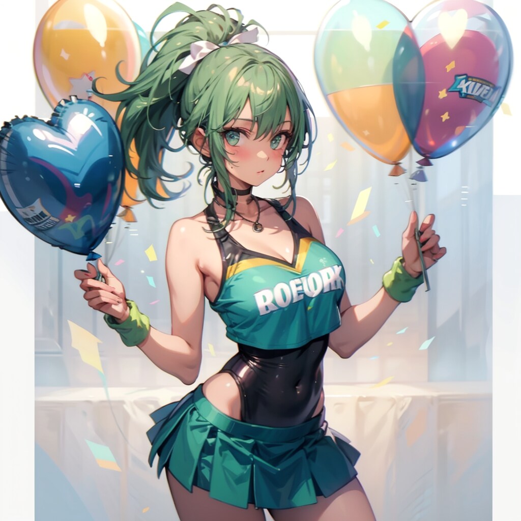 いっぱい色とりどりの風船を持つ緑髪ポニーテールのチアガール衣装着た美女