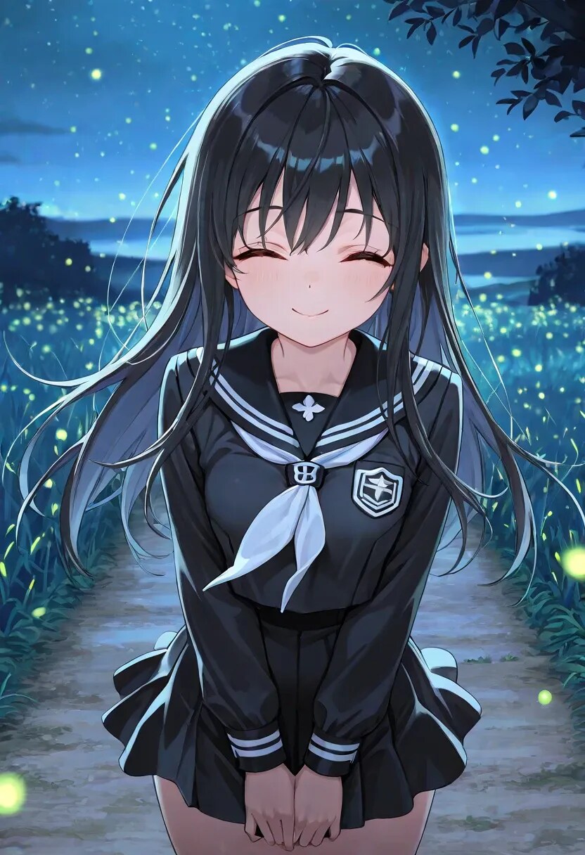 セーラー服と田舎道のホタル