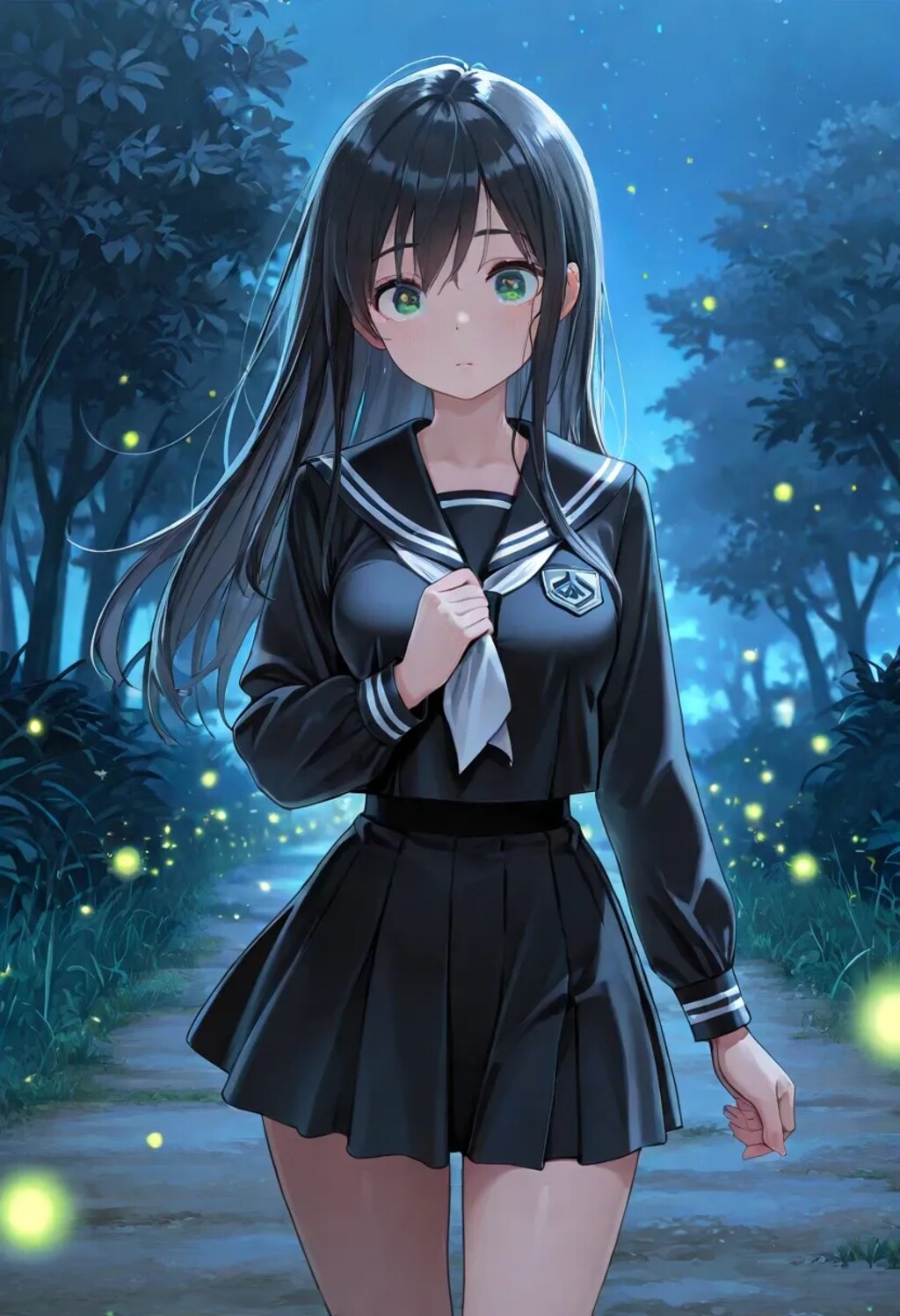 セーラー服と田舎道のホタル