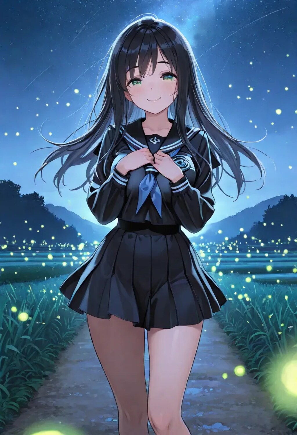 セーラー服と田舎道のホタル