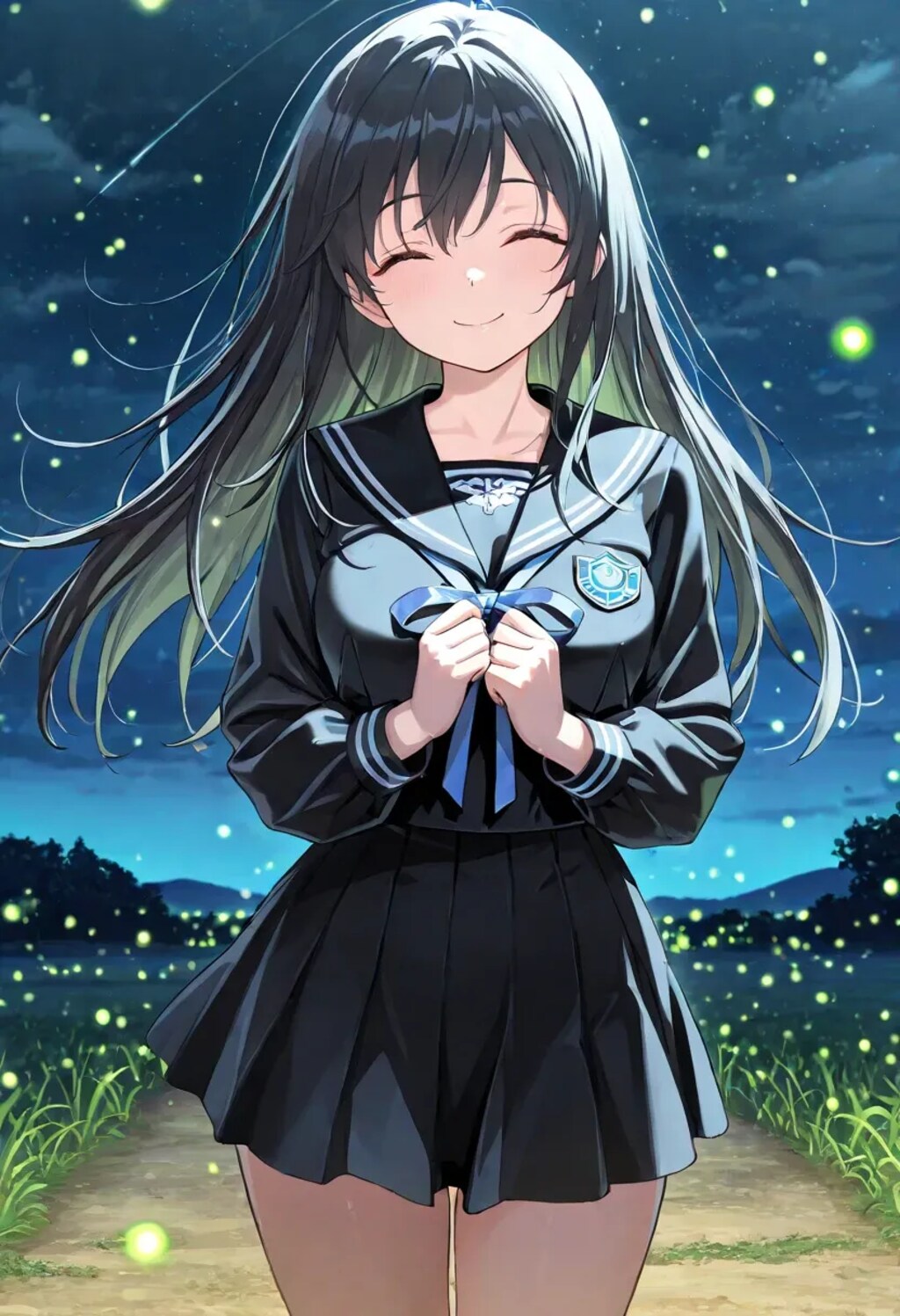 セーラー服と田舎道のホタル