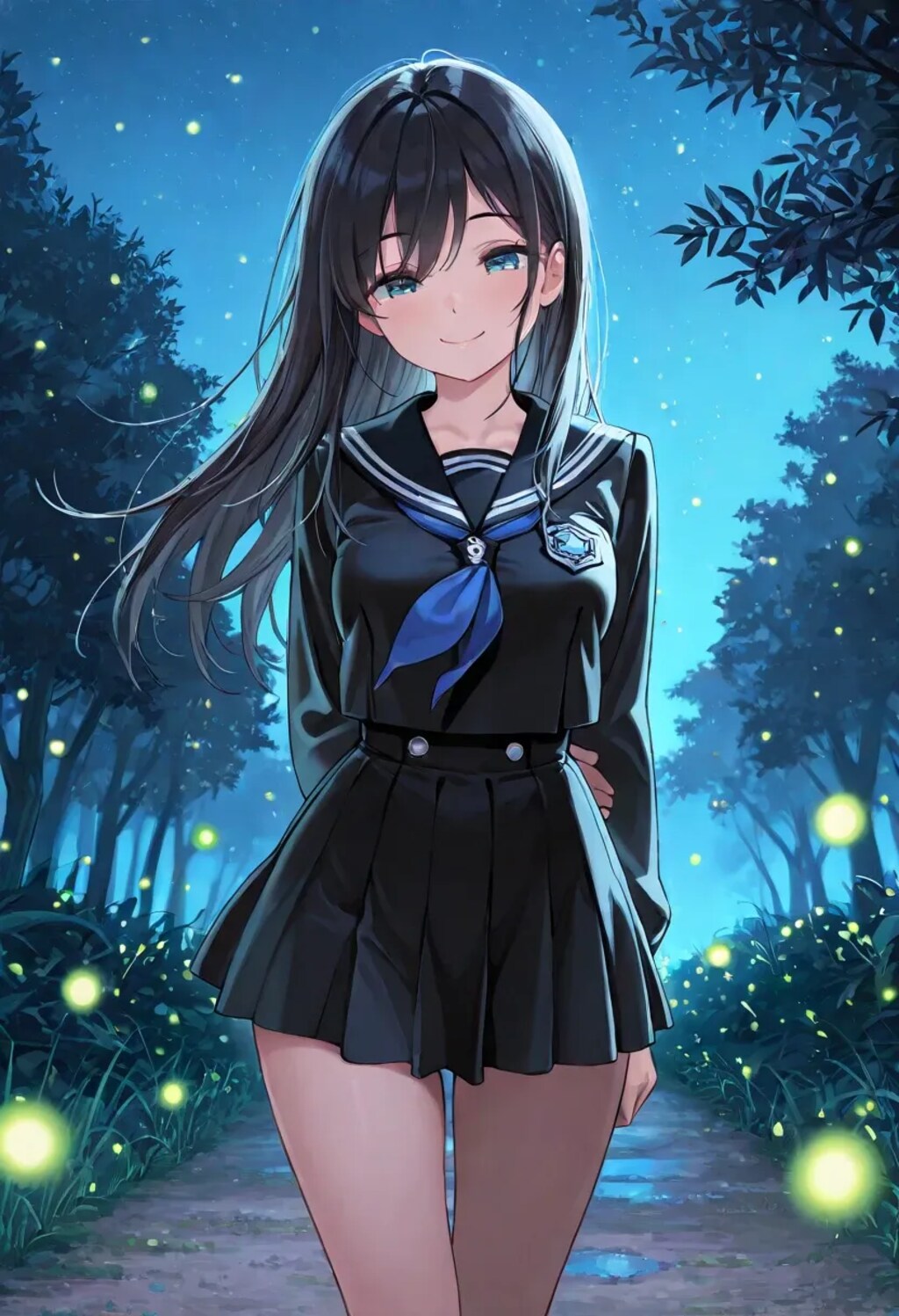セーラー服と田舎道のホタル
