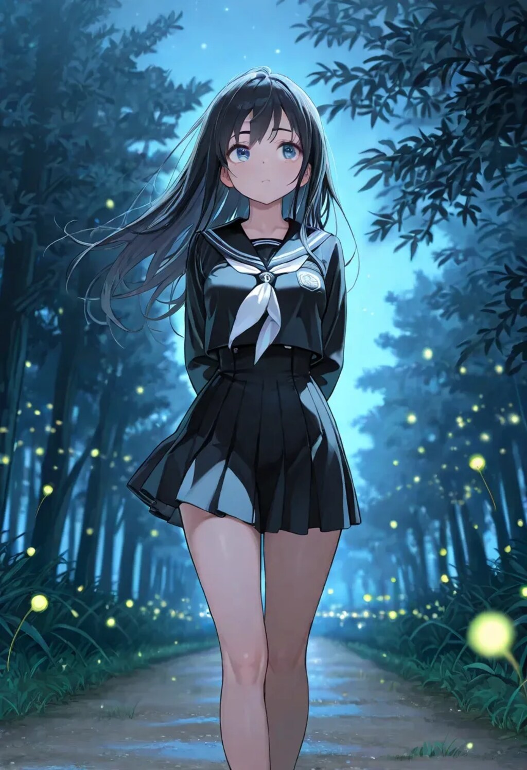 セーラー服と田舎道のホタル