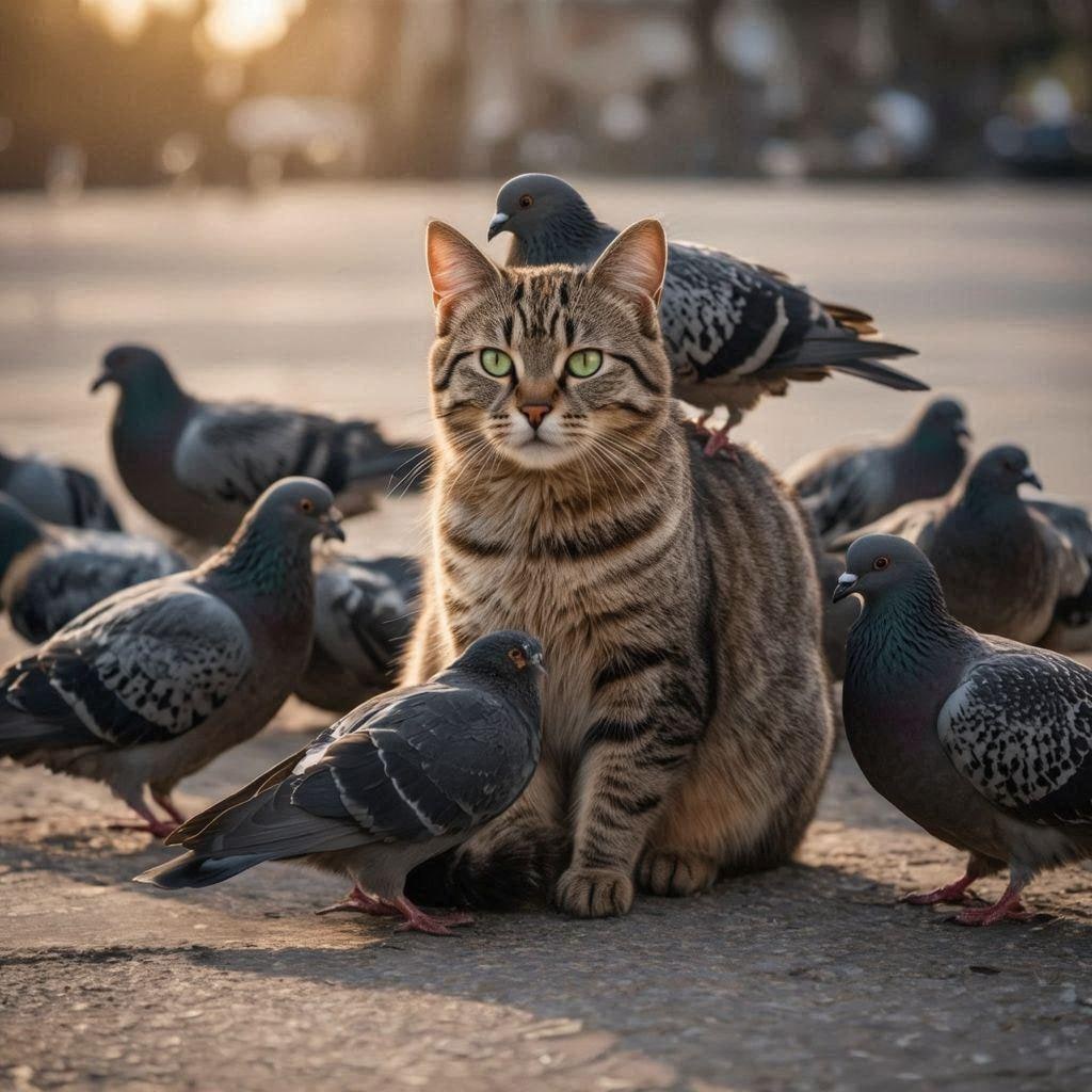 ハトに囲まれる猫