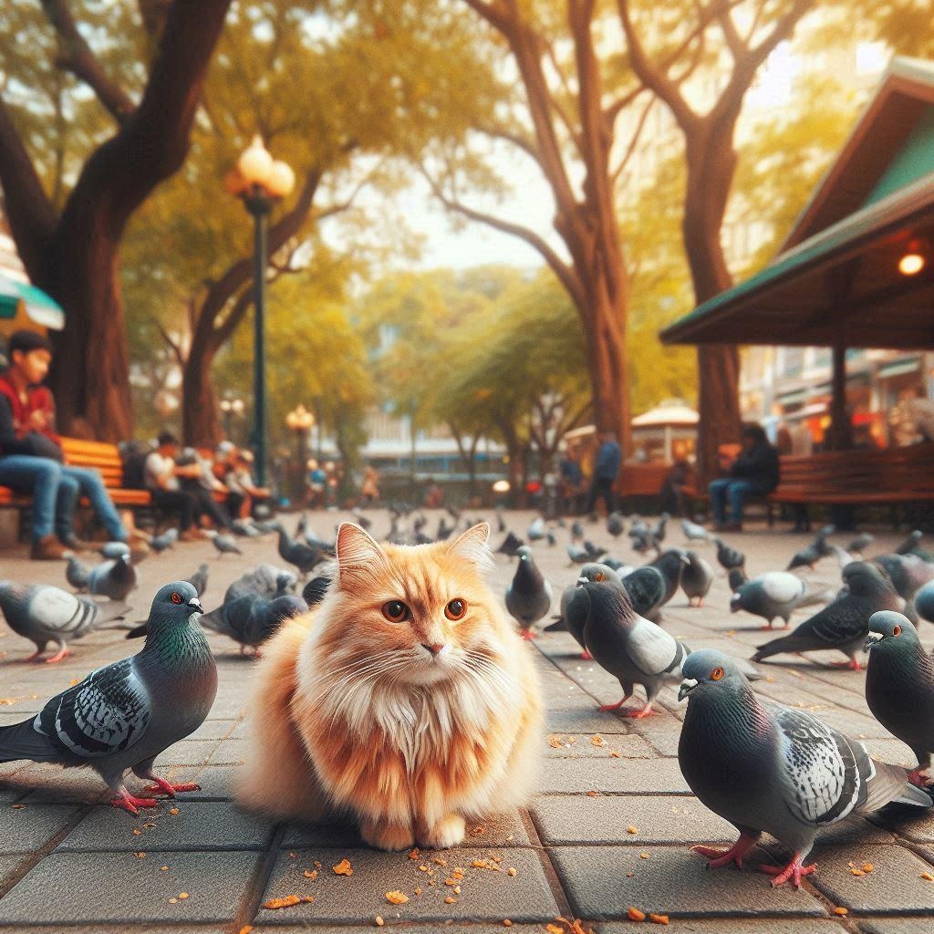 ハトに囲まれる猫