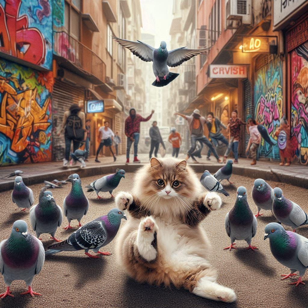 ハトに囲まれる猫