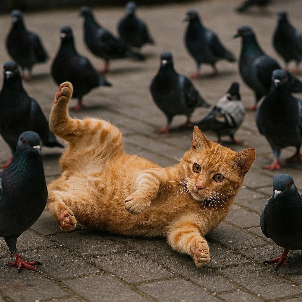 ハトに囲まれる猫