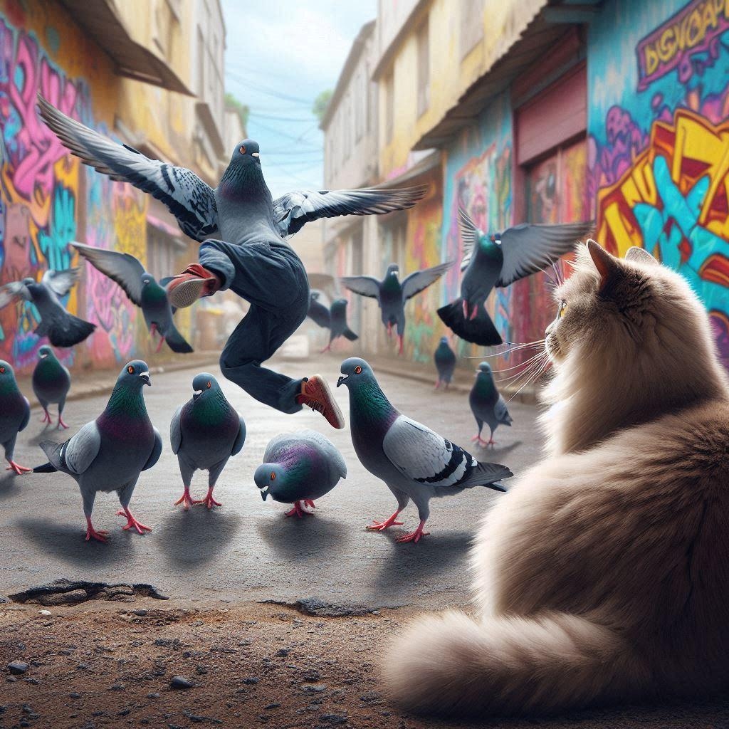 ハトに囲まれる猫