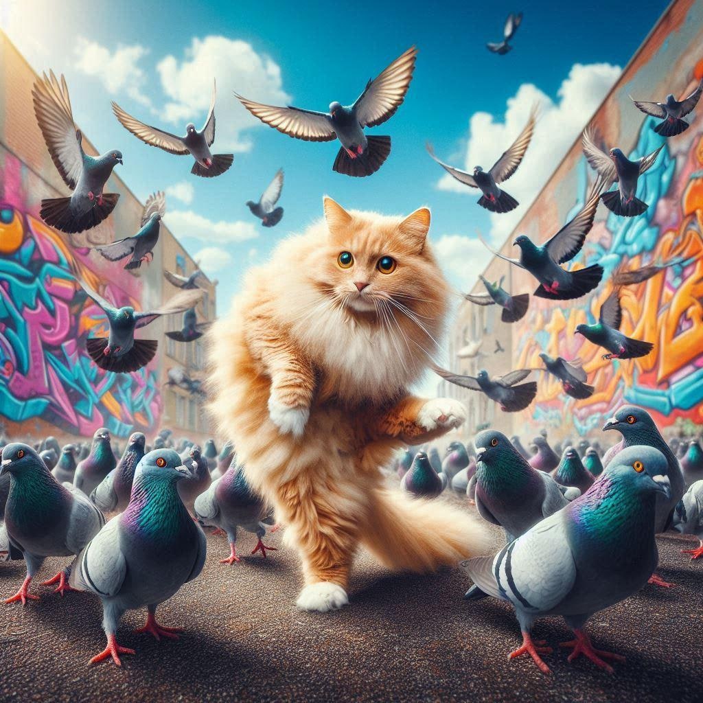 ハトに囲まれる猫