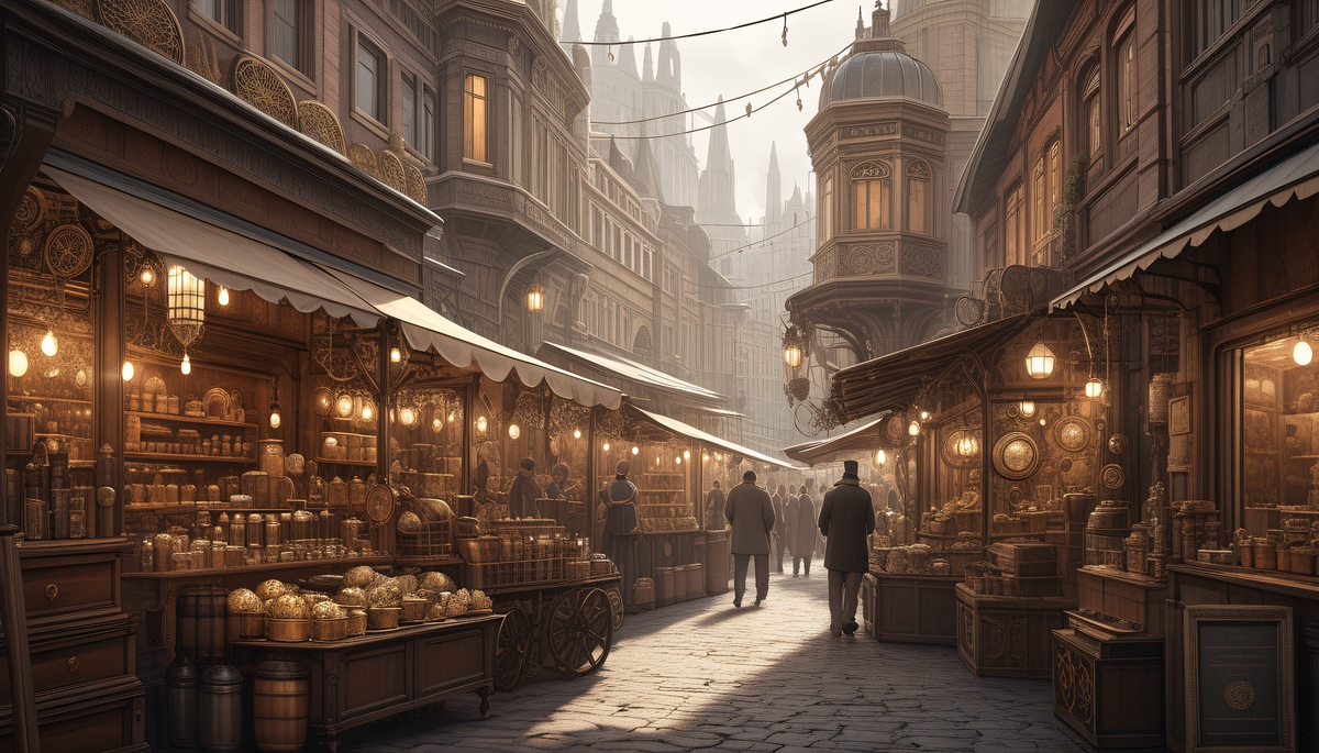 スチームパンクな街のマーケット通り | の人気AIイラスト・グラビア