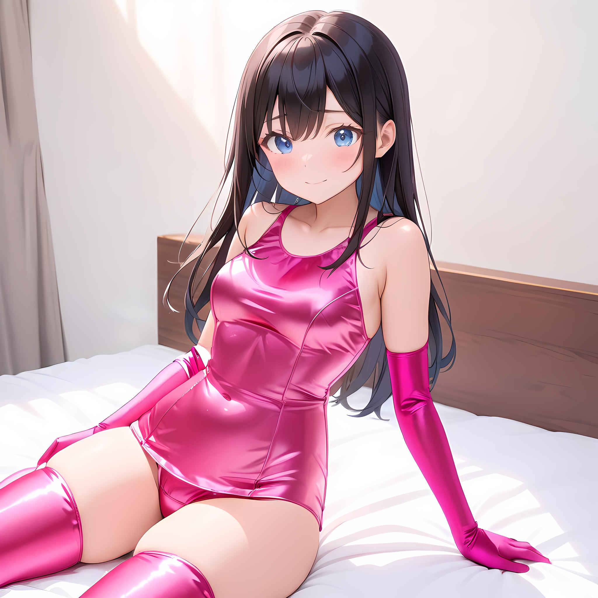 光沢ピンク旧型スクール水着長手袋サイハイソックス
