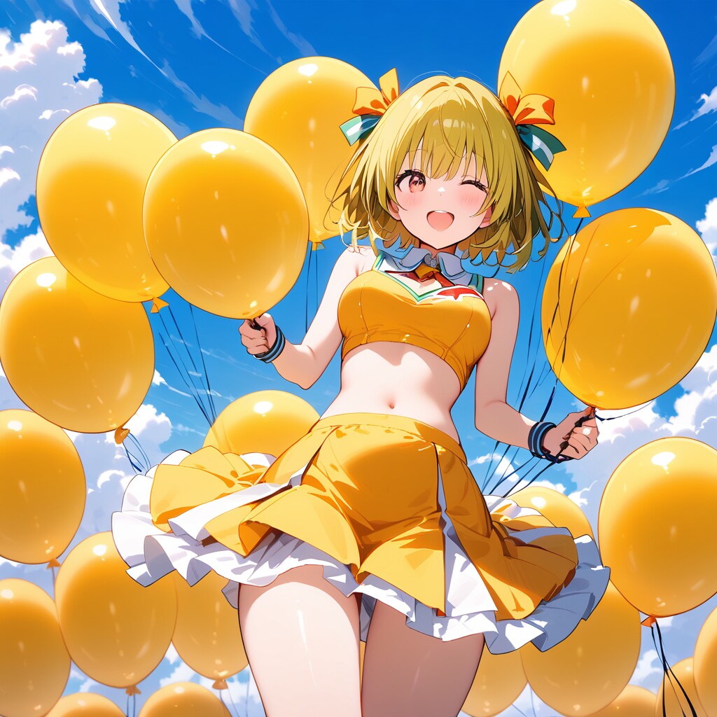 いっぱい黄色の風船を膨らませて遊ぶチアガール衣装の美女 | の人気AIイラスト・グラビア