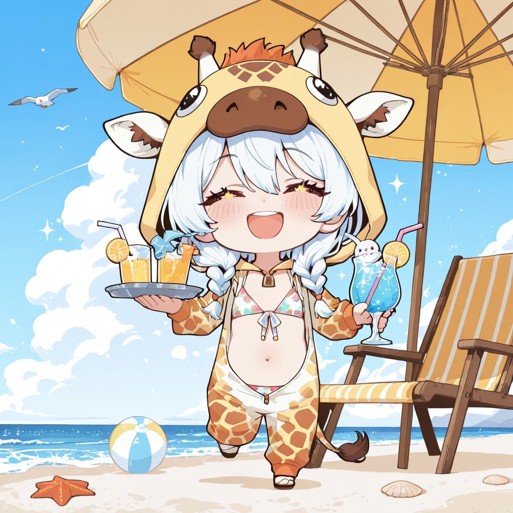 海で遊ぶキリン着ぐるみちび子ちゃん
