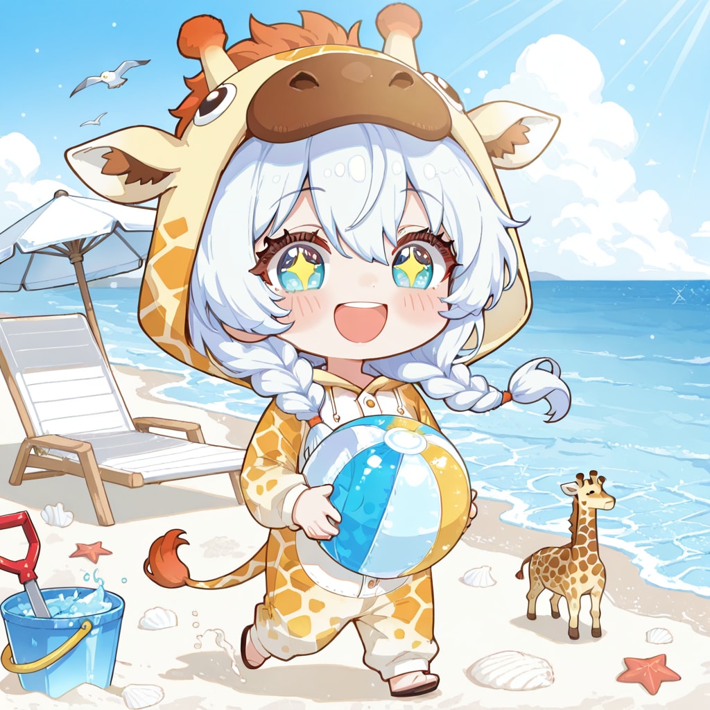 海で遊ぶキリン着ぐるみちび子ちゃん