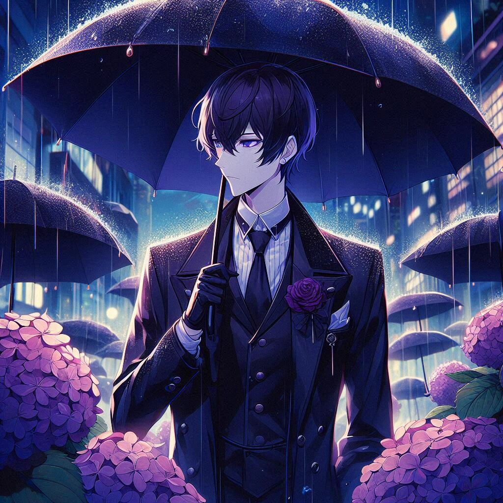 傘と黒髪短髪男性と、紫陽花…その1-2(6枚)