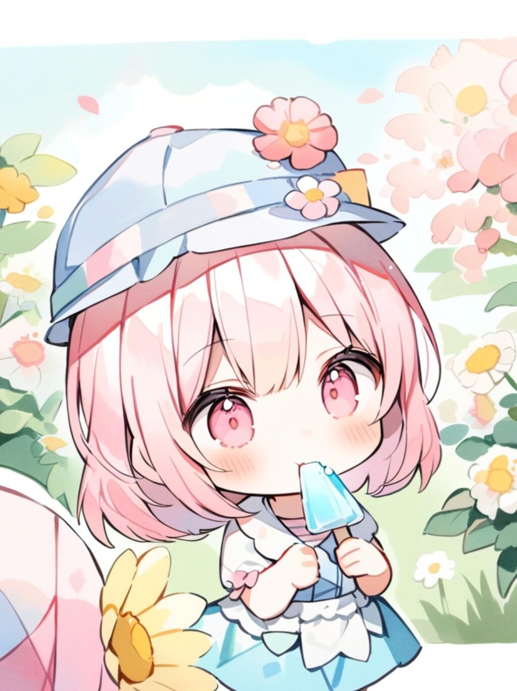 アイスを食べるピンク髪ちゃん