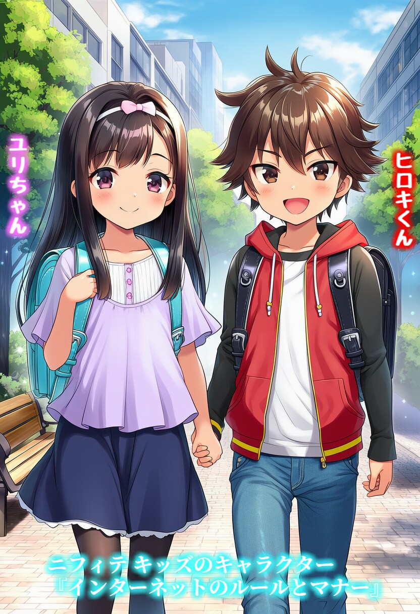 【版権】ニフィテキッズのマンガ『インターネットのルールとマナー』のキャラクター：ヒロキくんとユリちゃん