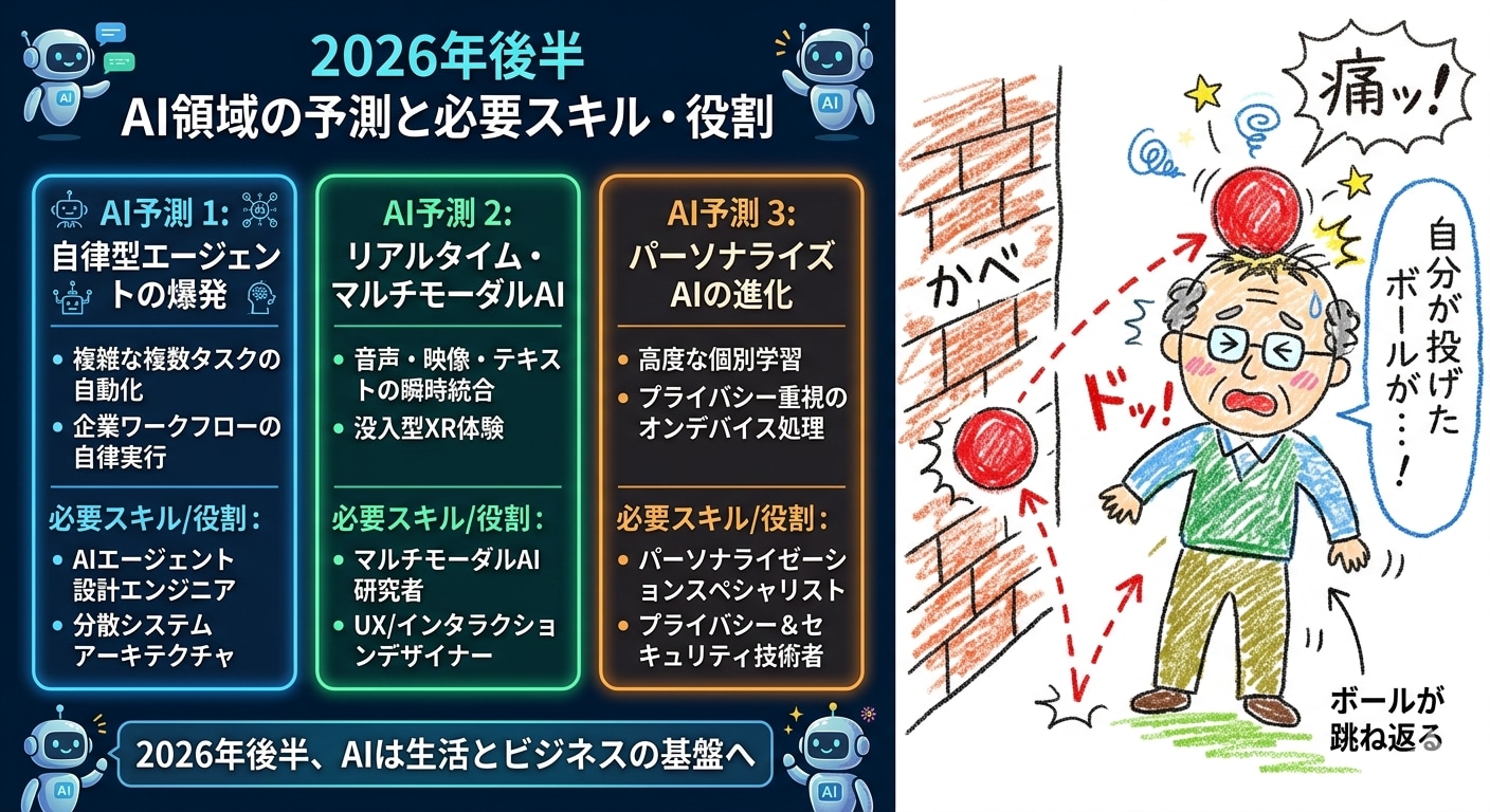 2026年後半AI領域での事柄予測に対し必要とされるスキル役割と壁に投げたボールが跳ね返って自分の頭に当たっているおじさん